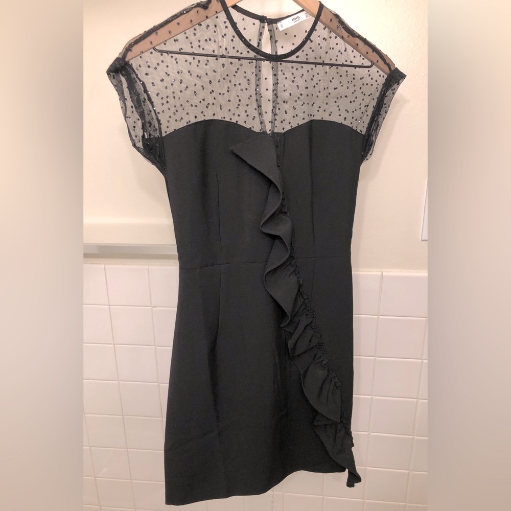 MANGO MNG Little Black Dress, Sheer Black Sequin Studded. US 2, XS